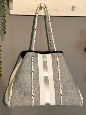 Gray and White Neoprene Tote with Contrast Rope Handles